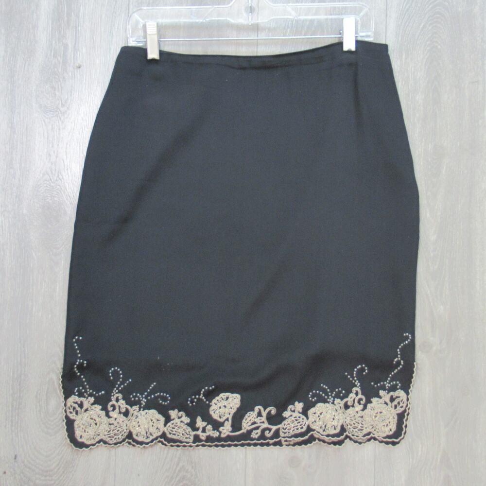 New York Co Silk Skirt Women Medium Black Pencil Straight Beaded Lace Scalloped